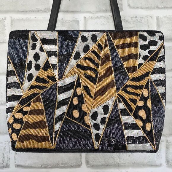 Vintage Chico's Beaded Animal Print Shoulder Bag Black Y2K Glam - Picture 3 of 9